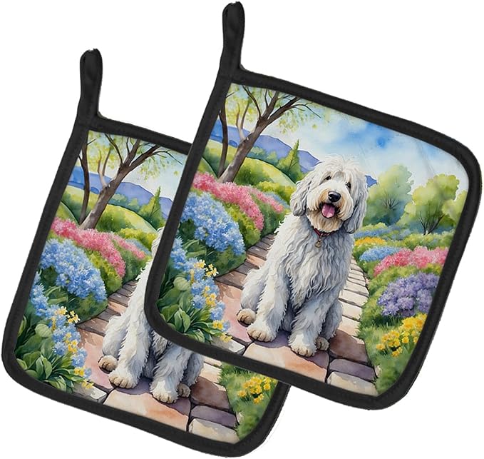 Caroline's Treasures Komondor Spring Path Pair of Pot Holders Kitchen Heat Resistant Pot Holders Sets Oven Hot Pads for Cooking Baking BBQ, 7 1/2 x 7 1/2