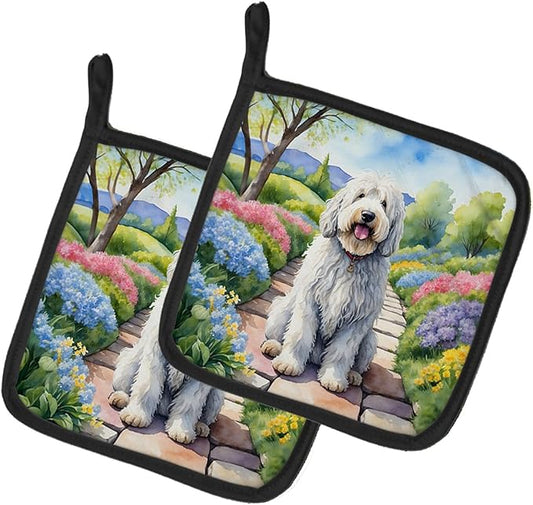 Caroline's Treasures Komondor Spring Path Pair of Pot Holders Kitchen Heat Resistant Pot Holders Sets Oven Hot Pads for Cooking Baking BBQ, 7 1/2 x 7 1/2