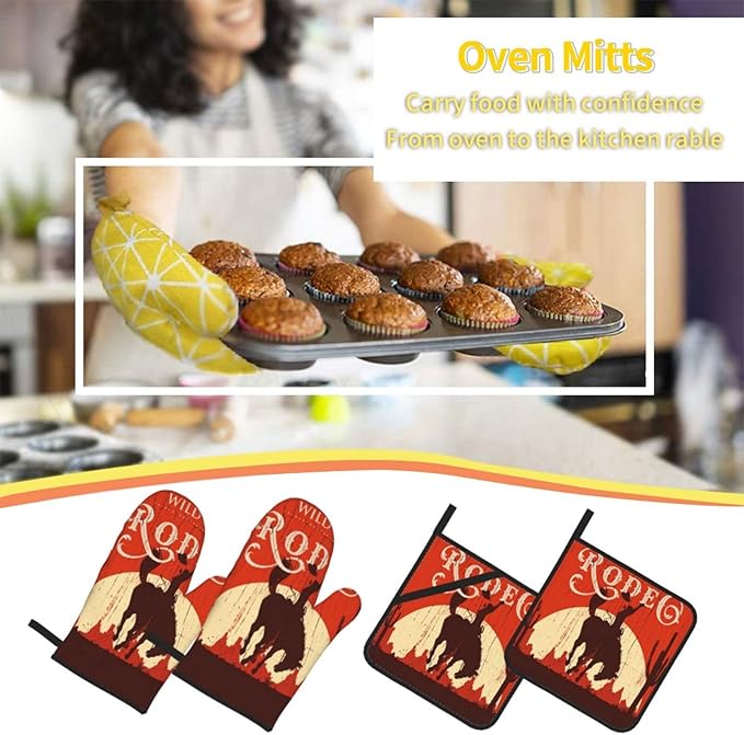 Oven Mitts and Pot Holders Sets of 4,Cowboy Horse Sunset Saguaro Desert Wild West Rodeo Vintage Wooden Sign Print,Oven Mitts Heat Resistant Oven Gloves Set Potholders for Kitchen Baking Grilling