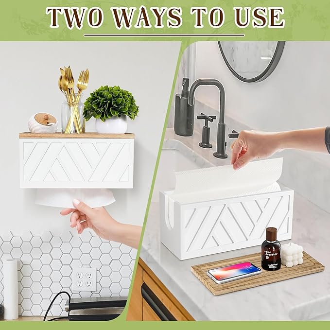 Paper Towel Dispenser Wood Without Drilling, Smooth Surface Without Burr, Weight 500 g, Ideal for Bathroom and Kitchen in Home and Commercial (White)