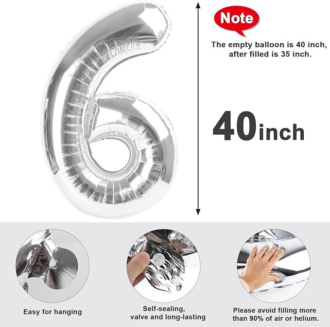 Number 6 Balloons Silver Party Decorations for Girl Boys, 40 In Big 6th Balloons for Engagement, Wedding, Celebration Party, Graduations, Photo Shoot