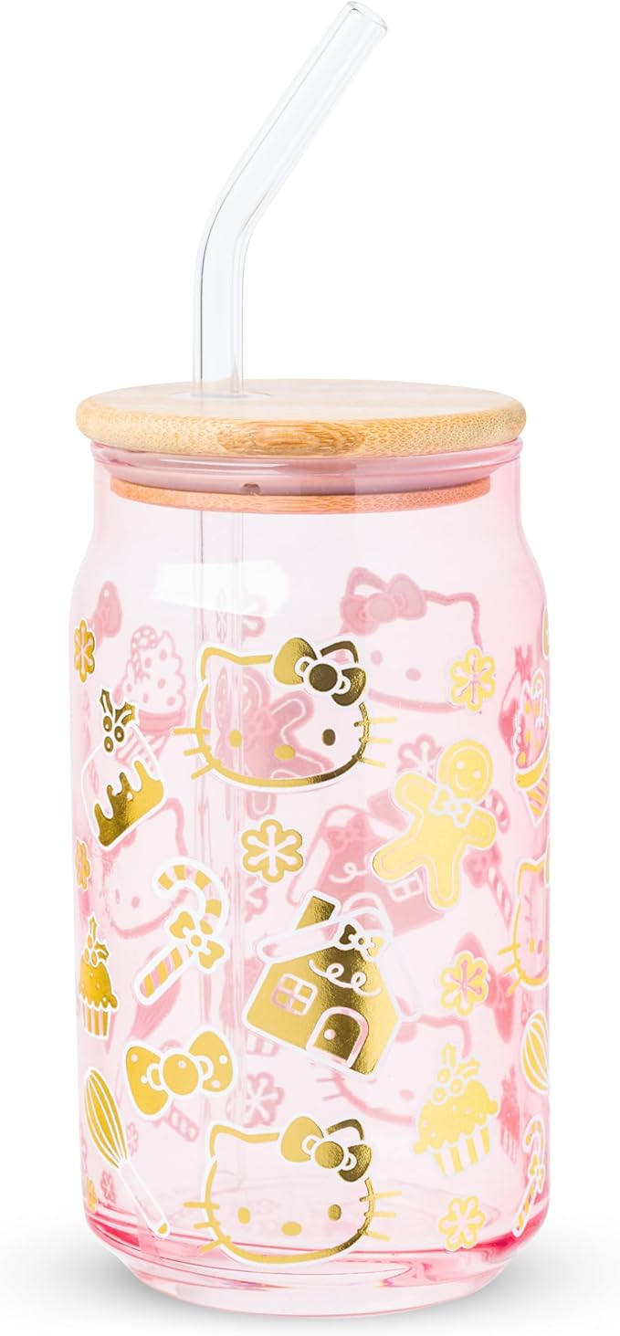 Silver Buffalo Sanrio Hello Kitty Gingerbread Cookies Christmas Holiday Pink and Gold Foil Glass Jar Tumbler with Bamboo Lid and Glass Straw, 16 Ounces
