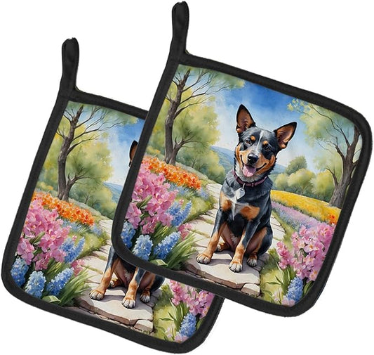 Caroline's Treasures Australian Cattle Dog Spring Garden Pair of Pot Holders Kitchen Heat Resistant Pot Holders Sets Oven Hot Pads for Cooking Baking BBQ, 7 1/2 x 7 1/2