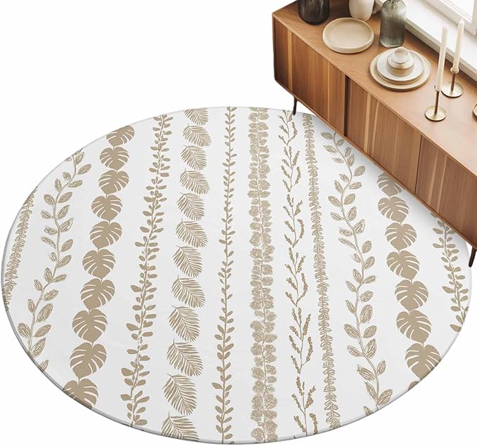 Washable Round Area Rug Farmhouse Monstera Leaf Seamless Circle Rugs Floor Carpet for Living Room Bedroom, Summer Rustic Abstract Leaves Soft Non Slip Round Rug 5ft