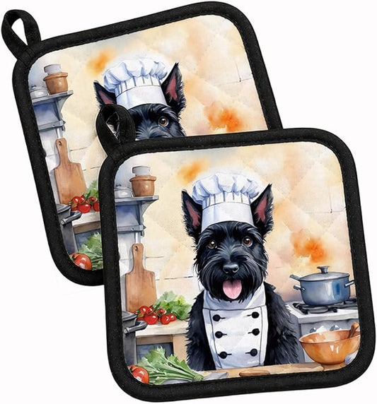 Caroline's Treasures Scottish Terrier The Chef Pair of Pot Holders Kitchen Heat Resistant Pot Holders Sets Oven Hot Pads for Cooking Baking BBQ, 7 1/2 x 7 1/2