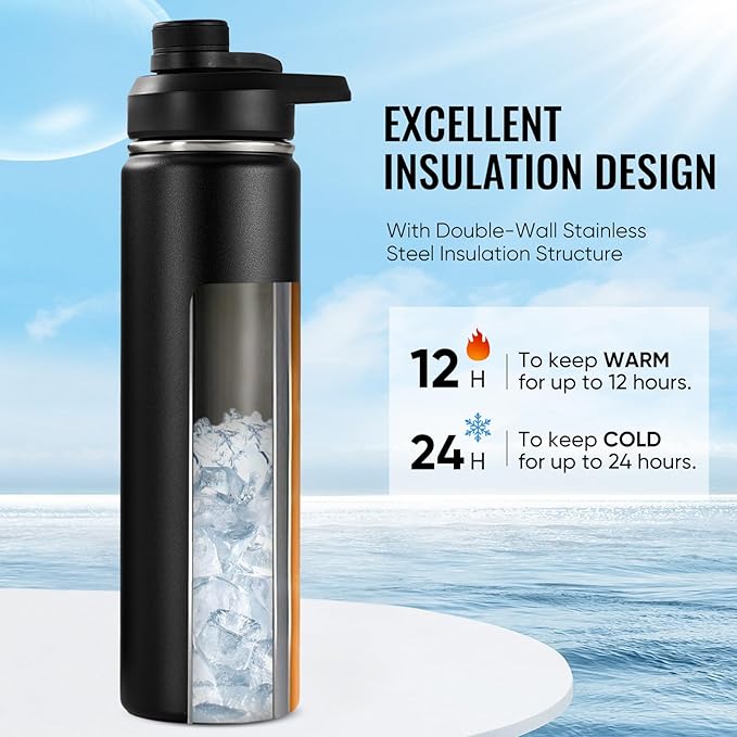 Fijinhom 24 oz Insulated Water Bottle with Handle, 304 Stainless Steel Water Bottles with Wide Mouth, Double Wall Vacuum Sports Water Bottle, BPA Free, Keep Cold and Hot, Black | with Handle, Water Bottles, Wide Mouth, Double Wall Vacuum, Sports Water ...