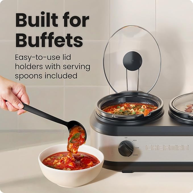 Chefman Triple Slow Cooker & Food Warmer, Three Crock Slowcooker with 2.5 Qt. Ceramic Crocks, 7.5-Quart Total Capacity, PFAS-Free, Three Temperature Settings, Dishwasher-Safe Parts – Stainless Steel