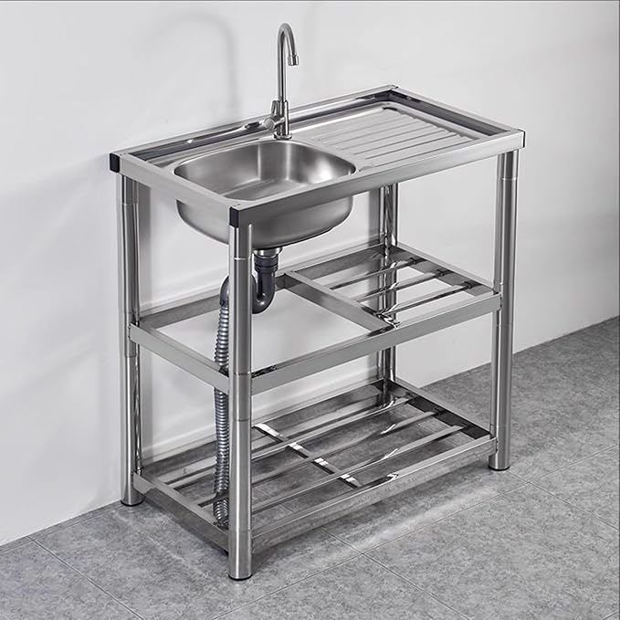 Single Bowl Stainless Steel Sink,Commercial Restaurant Kitchen Sink Drainer Kitchen Restaurant Storage Shelf with Faucet Combo with Strainer for Laundry Garage Commercial Indoor Outdoor