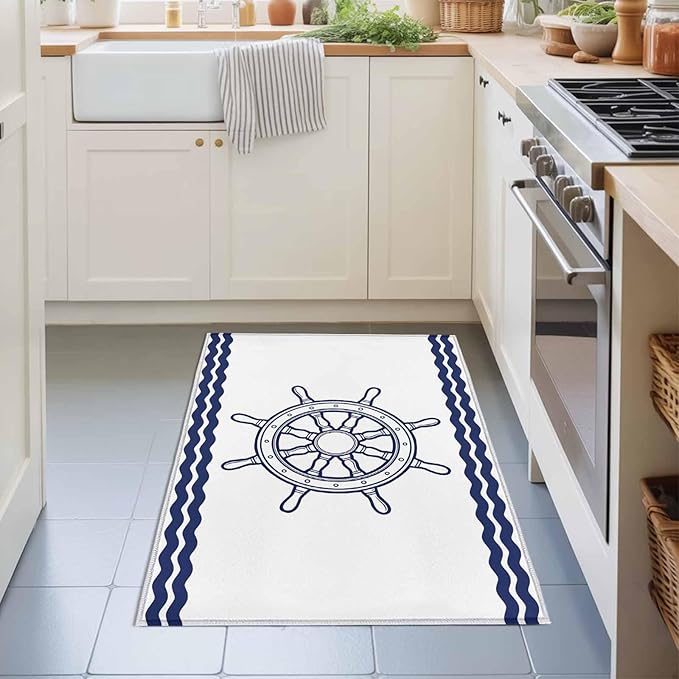 Area Rug 2x3ft, Summer Marine Nautical Ship Rudder Washable Rugs for Living Room Bedroom, Ocean Theme Navy Blue White Soft Non-Slip Area Rugs Rectangle Floor Carpet for Dining Room
