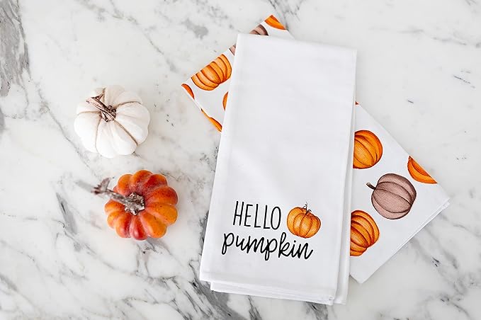 Pearhead Fall Pumpkin Tea Towels Set of 2, Autumn Kitchen Dish Towels with Hello Pumpkin Print and Pumpkin Pattern, Decorative Cotton Hand Towels for Cooking, Baking, and Seasonal Home Décor