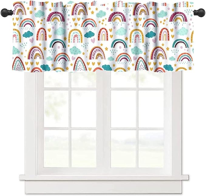 Boho Rainbow Valance, Cartoon Clouds Stars Love Hearts Rod Pocket Window Treatment for Kids Boys Girls Bedroom Living Room Kitchen Home Decor, 54x18Inch