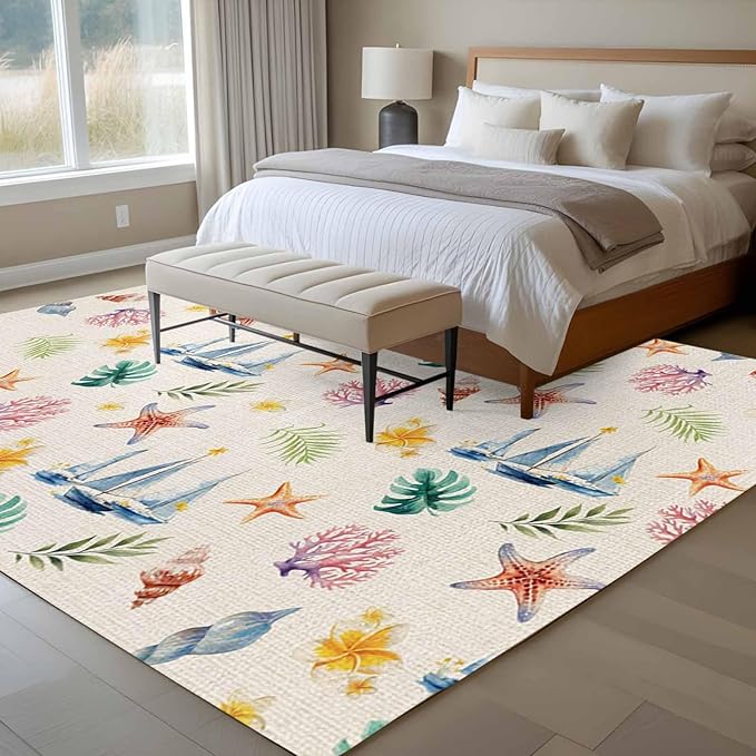 Area Rug 8x10ft, Summer Sea Starfish Sailboat Washable Rugs for Living Room Bedroom, Marine Life Coral on Linen Soft Non-Slip Area Rugs Rectangle Floor Carpet for Dining Room