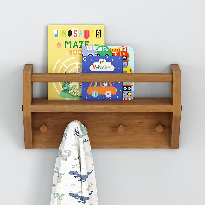Max & Lily Wall Shelf with Pegs, 16 Inch Floating Bookshelf for Kids Room, Solid Wood Wall-Mounted Storage Shelf with Hooks for Backpacks, Jackets & Décor, Pecan