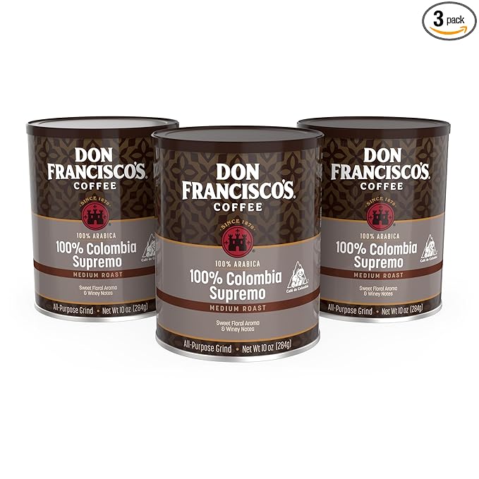 Don Francisco's 100% Colombia Supremo Ground Coffee: Rich, Aromatic 100% Arabica Beans - (3 x 10 oz Recyclable Cans)