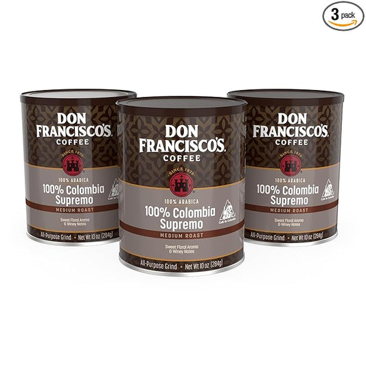 Don Francisco's 100% Colombia Supremo Ground Coffee: Rich, Aromatic 100% Arabica Beans - (3 x 10 oz Recyclable Cans)