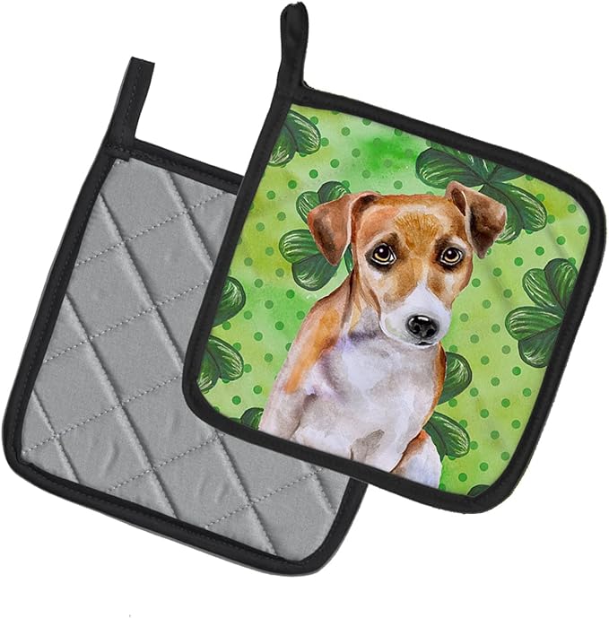Caroline's Treasures BB9887PTHD Jack Russell Terrier #2 St Patrick's Pair of Pot Holders, Green Kitchen Heat Resistant Pot Holders Sets Oven Hot Pads for Cooking Baking BBQ, 7 1/2 x 7 1/2