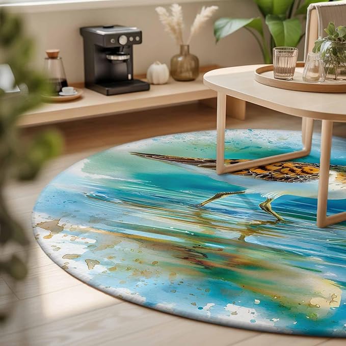 Washable Round Area Rug Natural Lake Bird Water Reflection Circle Rugs Floor Carpet for Living Room Bedroom, Animal Splatter Art Soft Non Slip Round Rug 3ft