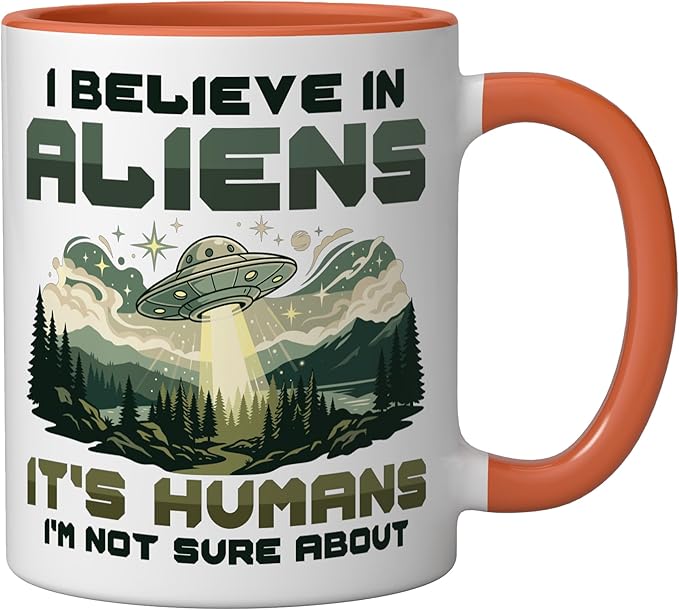 Alien Believer UFO Extraterrestrial Space Lover Ceramic Mug, Orange/White