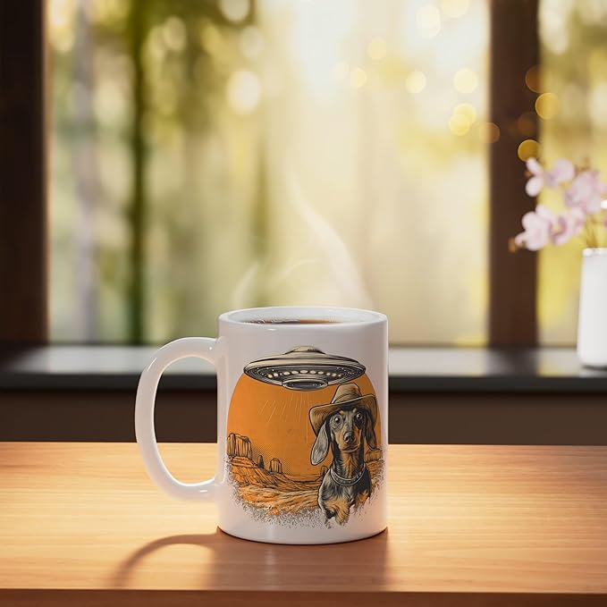 Retro Western UFO Dachshund Cowboy Alien Sci Fi Desert Ceramic Mug, White
