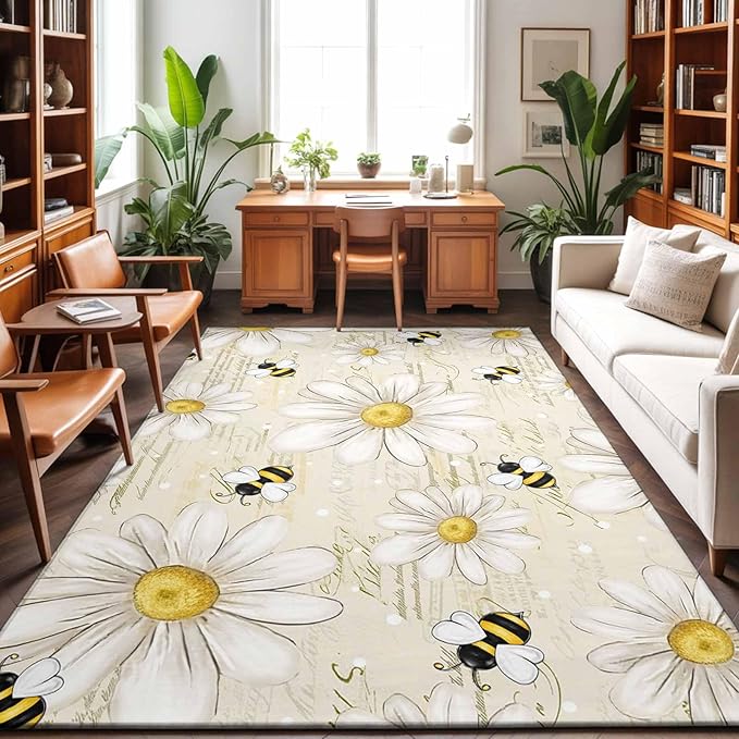 Area Rug 4x6ft, Retro Watercolor White Floral Bee Washable Rugs for Living Room Bedroom, Summer Daisy Letter Texture Soft Non-Slip Area Rugs Rectangle Floor Carpet for Dining Room