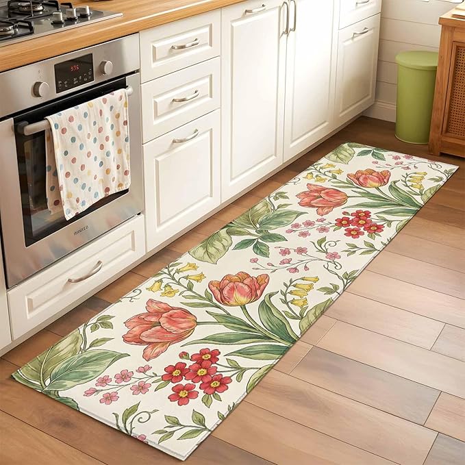 Runner Rug for Bedroom Hallway, Vintage Tulips Red Daisies Kitchen Runner Rugs Area Rug 2x6ft, Yellow Blooms Floral Pattern Washable Soft Floor Carpet for Entryway Stair