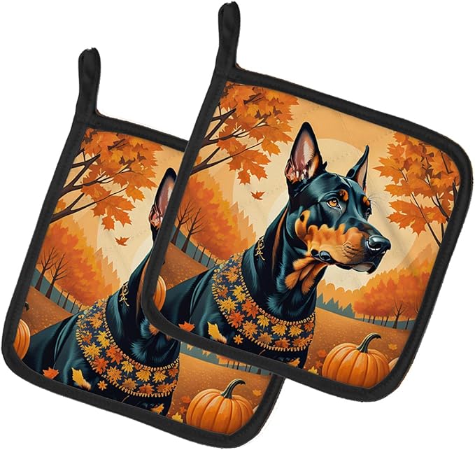 Caroline's Treasures DAC1044PTHD Doberman Pinscher Fall Pair of Pot Holders Kitchen Heat Resistant Pot Holders Sets Oven Hot Pads for Cooking Baking BBQ, 7 1/2 x 7 1/2
