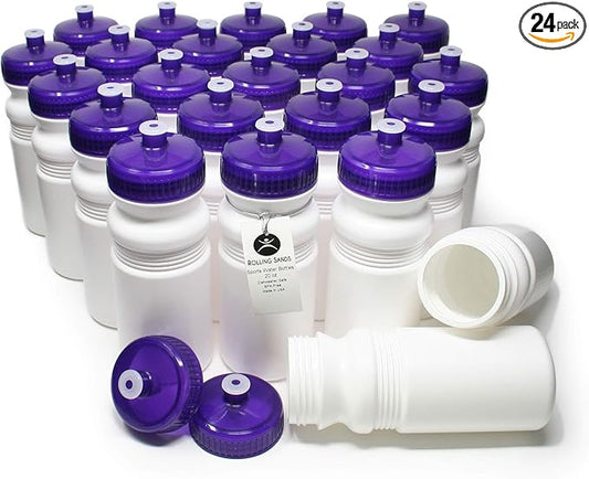 Rolling Sands Reusable Bulk Water Bottles 24 Pack - 20 Oz Sports Water Bottles, USA Made, BPA-Free, Wide Mouth for Easy Cleaning, Dishwasher Safe, Break Resistant - White Bottle/Purple Lid