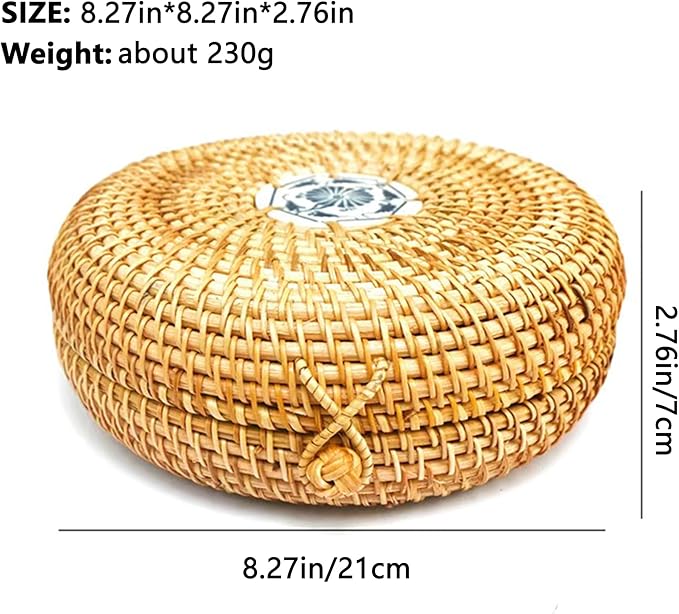 Rattan Box with Lid: Blue-and-White Porcelain Decorative Rattan Storage Box, Hand-Woven Wicker Storage Basket with Lid, for Sundries Tea Case Picnic Food Containers (Round 4, 8.27in*8.27in*2.76in)