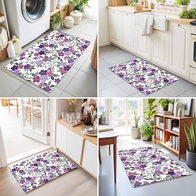 Area Rug 2x3ft, Country Purple Pink Flower Green Leaf Washable Rugs for Living Room Bedroom, Pastoral Floral Plant Soft Non-Slip Area Rugs Rectangle Floor Carpet for Dining Room