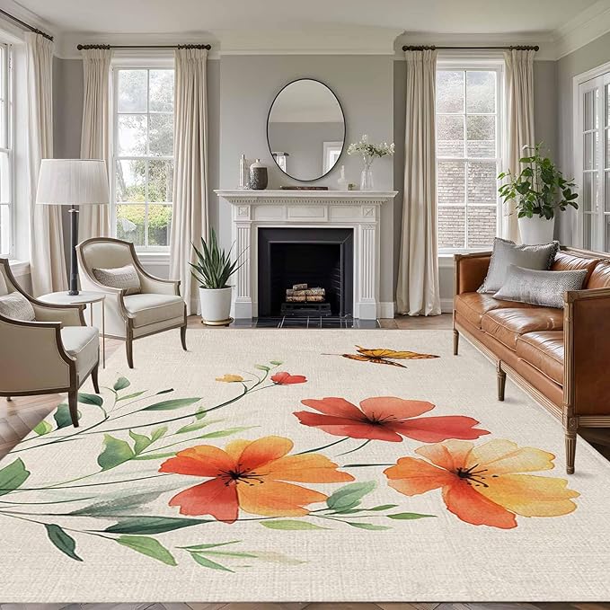 Area Rug 6x9ft, Summer Watercolor Flower Butterfly Washable Rugs for Living Room Bedroom, Green Leaves Retro Linen Soft Non-Slip Area Rugs Rectangle Floor Carpet for Dining Room