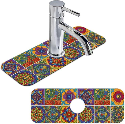 Bohemian Absorbent Sink Faucet Mat, ﻿Mexican Tiles Kitchen Faucet Mat, Sink Splash Guard, for Bathroom Kitchen Sink Splash Guard Drying Mat, Exotic Home Decor, 15.4"x5.7"