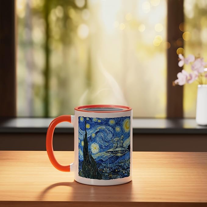 Aliens Saucer UFO Extraterrestrial Fun Starry Night Van Gogh Ceramic Mug, Orange/White