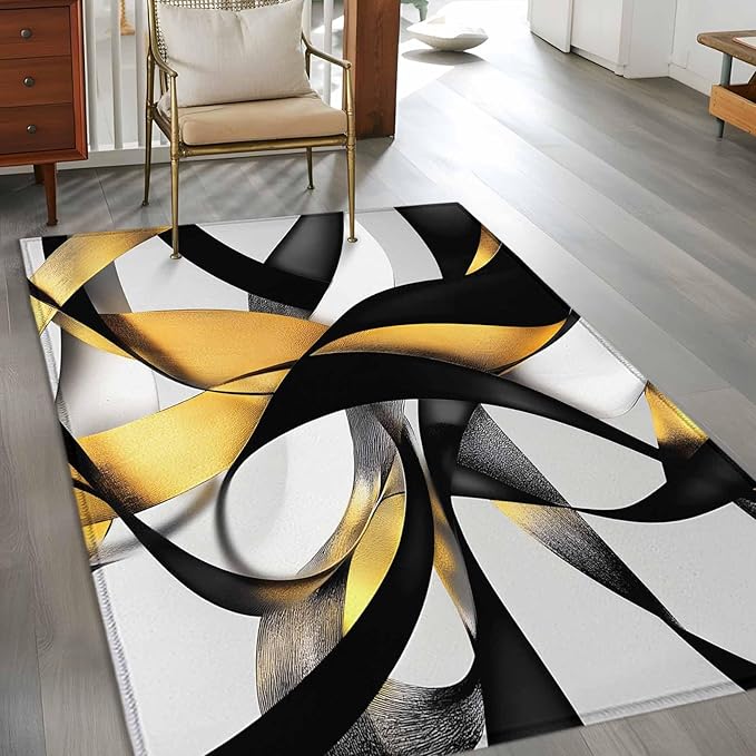 Area Rug 3x5ft, Modern Geometric Stripe Texture Washable Rugs for Living Room Bedroom, Abstract Gold Black White Line Soft Non-Slip Area Rugs Rectangle Floor Carpet for Dining Room