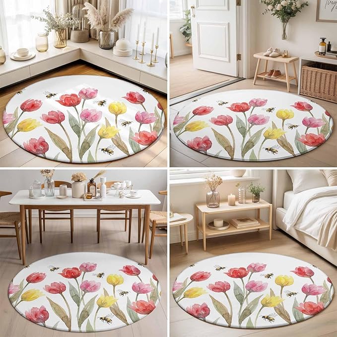 Washable Round Area Rug Red Pink Yellow Tulips Bees Circle Rugs Floor Carpet for Living Room Bedroom, Watercolor Flower Leaves Soft Non Slip Round Rug 5ft