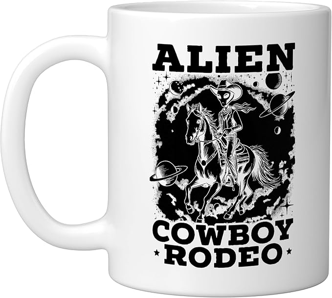 Alien Lover Flying Saucer UFO Extraterrestrial Cowboy Ceramic Mug, White