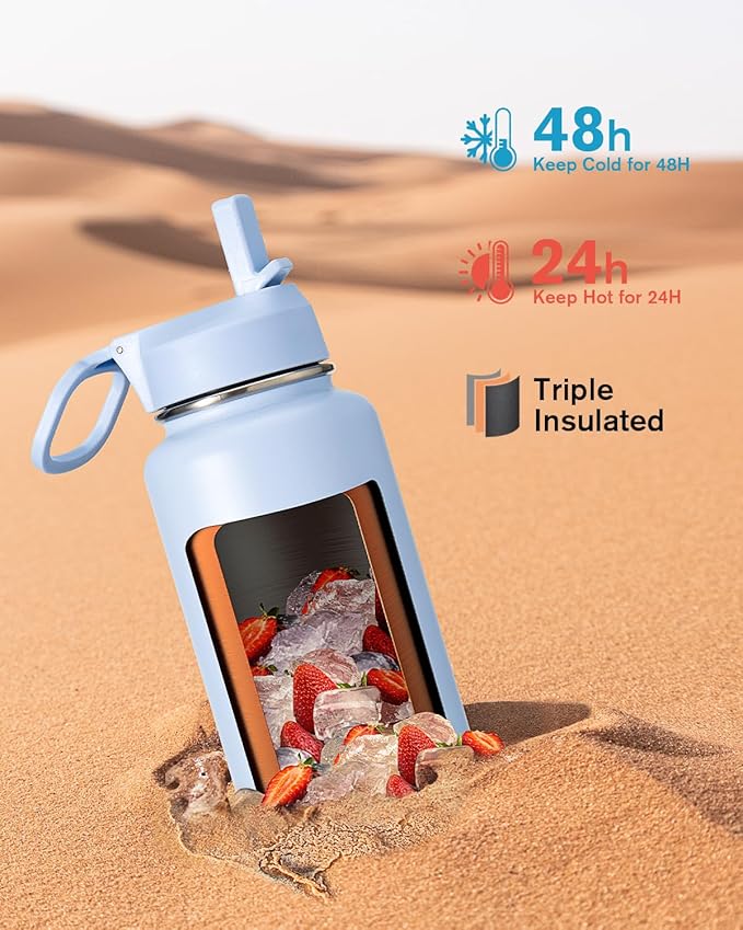 Water Bottle 40 oz Insulated with Straw&Brush, Coolflask Vaccum Stainless Steel Metal 3 Lids Water Flask for Sports, Gym or Office, Keep Cold 48H Hot 24H, Light Blue
