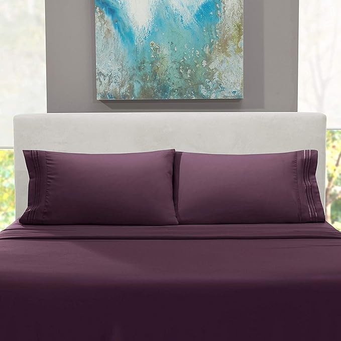 Lamma Loe Silky Soft Luxurious Supreme Microfiber 4-Piece Sheet Set with Embroidered Pillow Cases, Full, Eggplant Purple