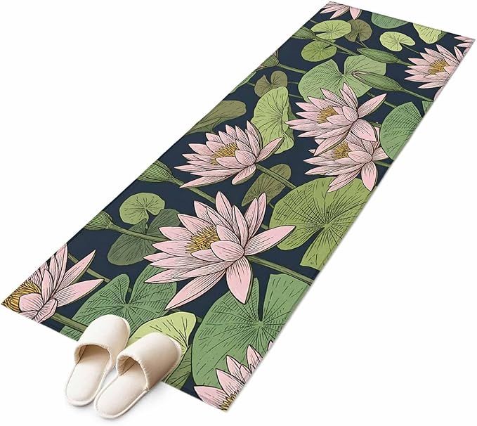 Runner Rug for Bedroom Hallway, Pink Lotus Water Lily Dark Green Leaves Kitchen Runner Rugs Area Rug 2x6ft, Oriental Style Washable Soft Floor Carpet for Entryway Stair