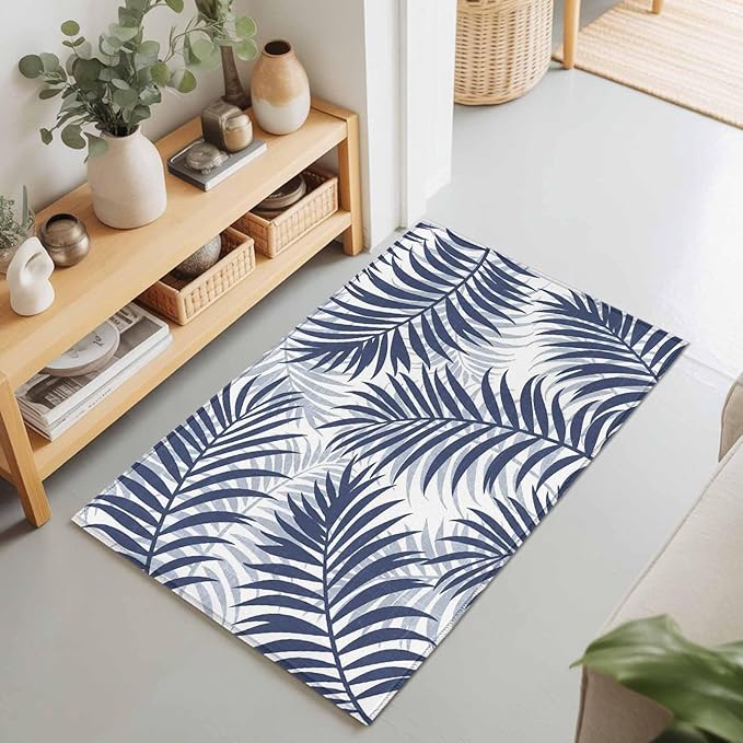 Area Rug 2x3ft, Abstract Navy Blue Palms Leaves Washable Rugs for Living Room Bedroom, Summer Botantical Soft Non-Slip Area Rugs Rectangle Floor Carpet for Dining Room