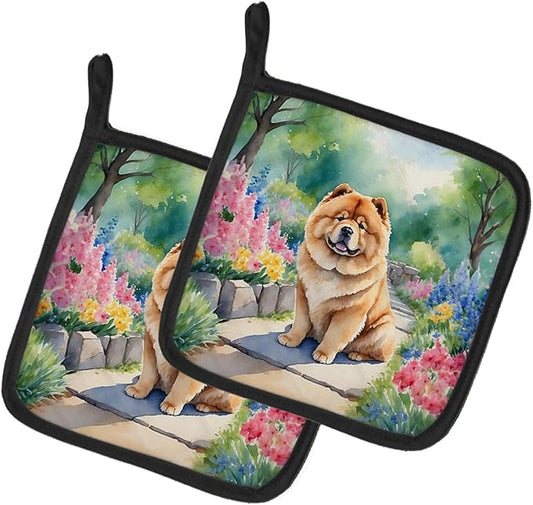 Caroline's Treasures Chow Chow Spring Path Pair of Pot Holders Kitchen Heat Resistant Pot Holders Sets Oven Hot Pads for Cooking Baking BBQ, 7 1/2 x 7 1/2
