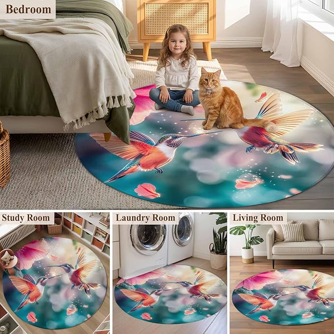 Washable Round Area Rug Spring Hummingbird Pink Petals Flowers Circle Rugs Floor Carpet for Living Room Bedroom, Dreamlike Animal Focus Scenery Soft Non Slip Round Rug 4ft