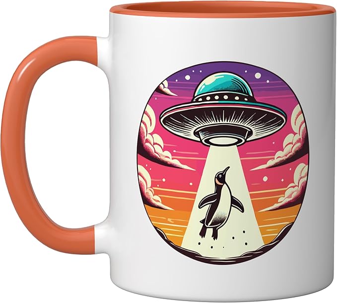 Penguin Abducted Alien Spacecraft Outer Space Abduction Ceramic Mug, Orange/White