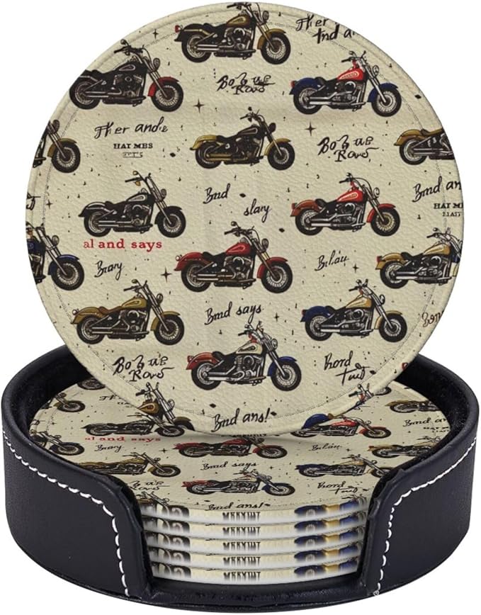 Motorcycles Leather Drinks Coasters with Holder, Set of 6, Suitable for Various Cups