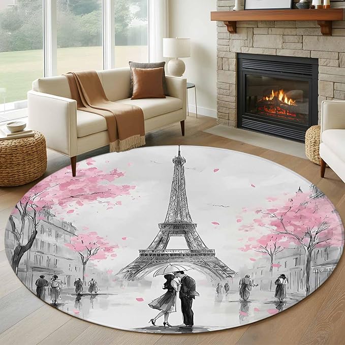Washable Round Area Rug Vintage Towel Couple Pink Flower Circle Rugs Floor Carpet for Living Room Bedroom, Watercolor Modern City Scene Soft Non Slip Round Rug 5ft