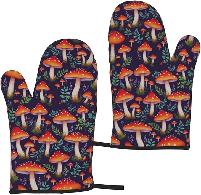 Mushroom Oven Mitts of 2-Pack Set, Funny Kitchen Gloves Heat Resistant Non-Slip Kitchen Mitts Safe Cooking Baking Grilling