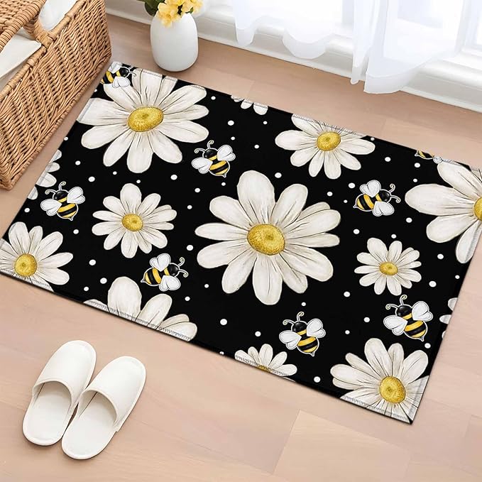 Area Rug 2x3ft, Watercolor White Floral Daisy Bee Washable Rugs for Living Room Bedroom, Blossom Flower on Black Soft Non-Slip Area Rugs Rectangle Floor Carpet for Dining Room