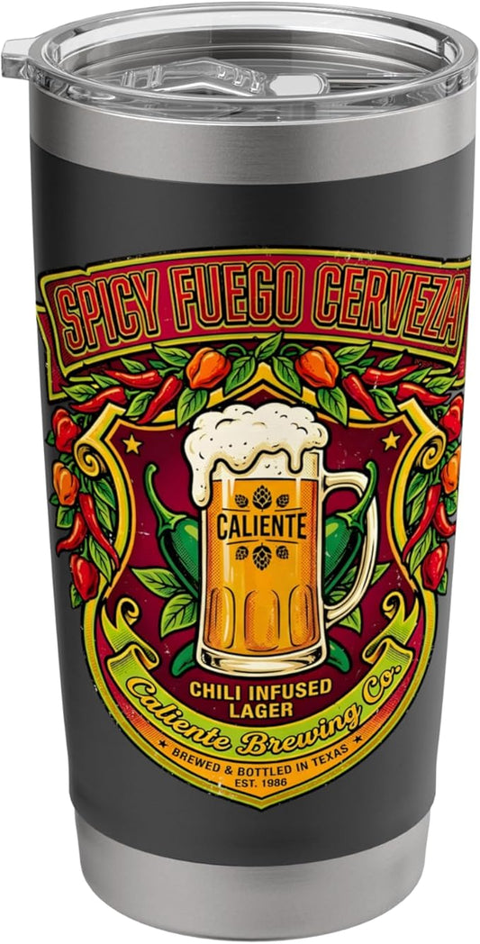 Spicy Fuego Cerveza Chili Texas Drinking Vintage Beer Label Stainless Steel Insulated Tumbler