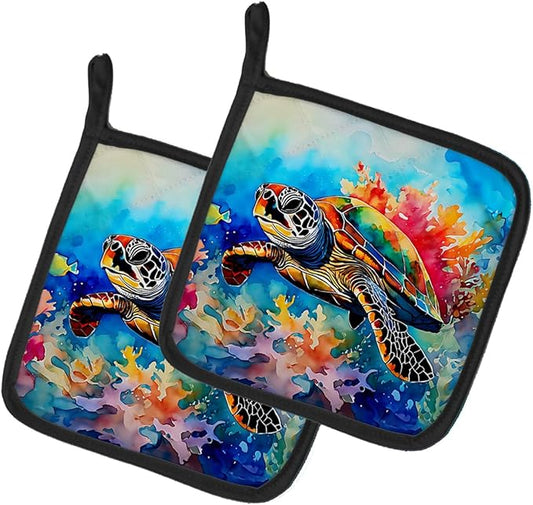Caroline's Treasures Loggerhead Sea Turtle Pair of Pot Holders Kitchen Heat Resistant Pot Holders Sets Oven Hot Pads for Cooking Baking BBQ, 7 1/2 x 7 1/2