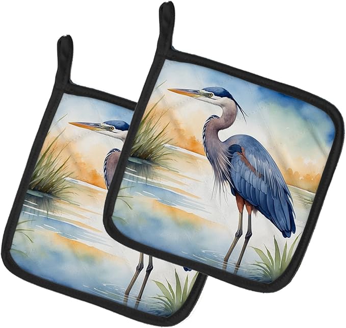 Caroline's Treasures Blue Heron Emerging as The Day Fades Pair of Pot Holders Kitchen Heat Resistant Pot Holders Sets Oven Hot Pads for Cooking Baking BBQ, 7 1/2 x 7 1/2