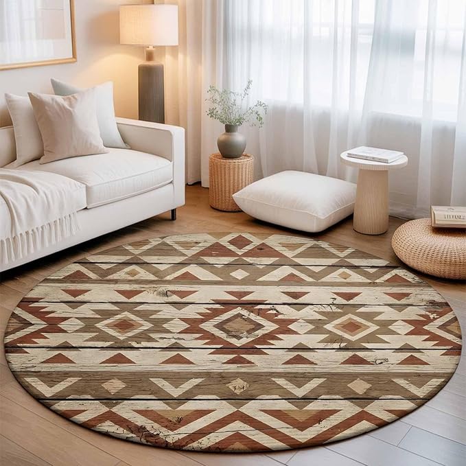Washable Round Area Rug Rustic Aztec Style Pattern Circle Rugs Floor Carpet for Living Room Bedroom, Southwestern Geometric Art Soft Non Slip Round Rug 3ft